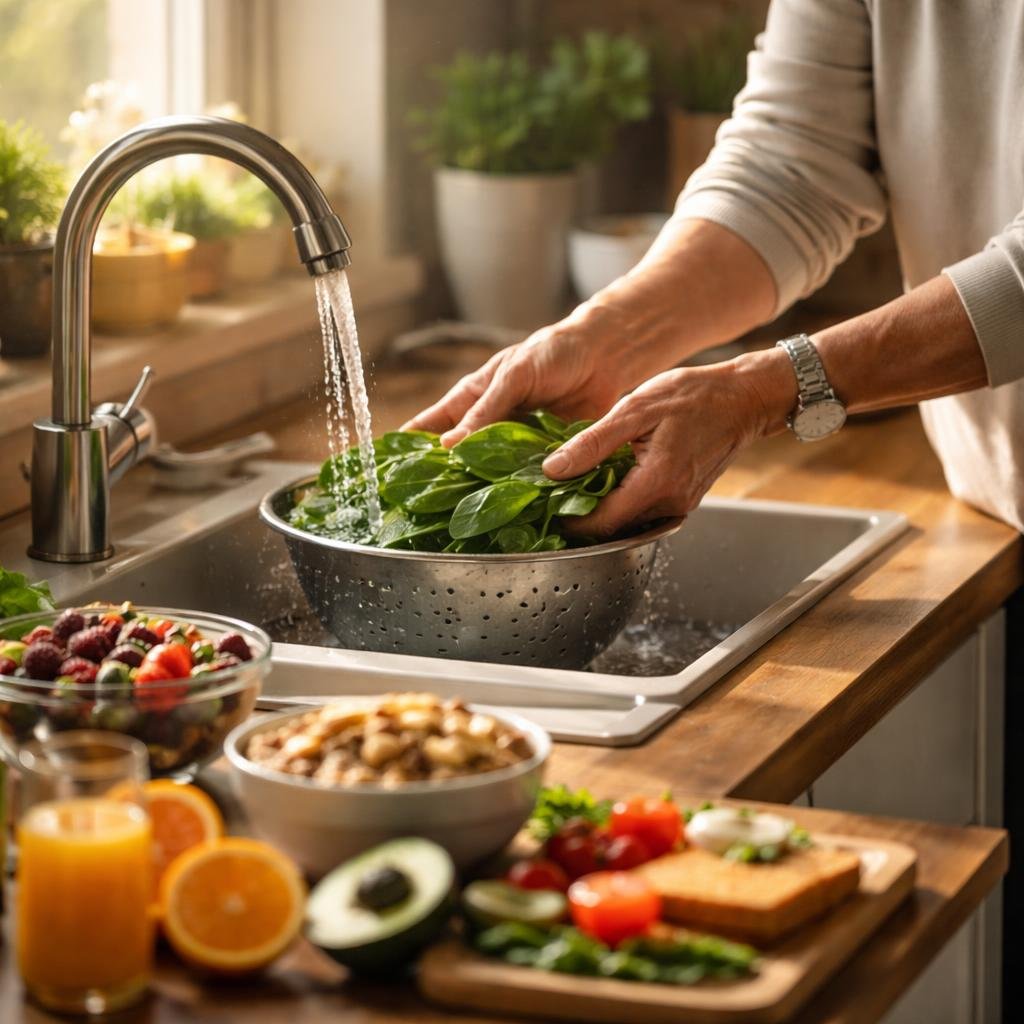 A person washing fresh spinach leaves in a sunlit kitchen, surrounded by fresh fruits and vegetables on the countertop.