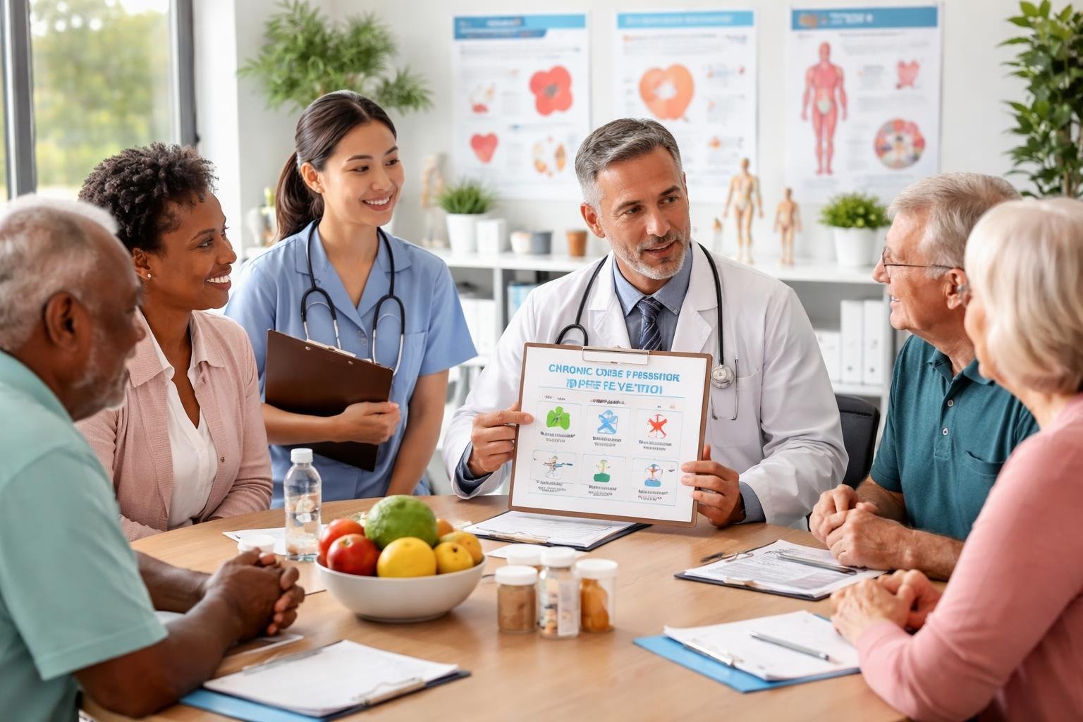 Healthcare professionals and patients discussing chronic disease prevention in a medical office.