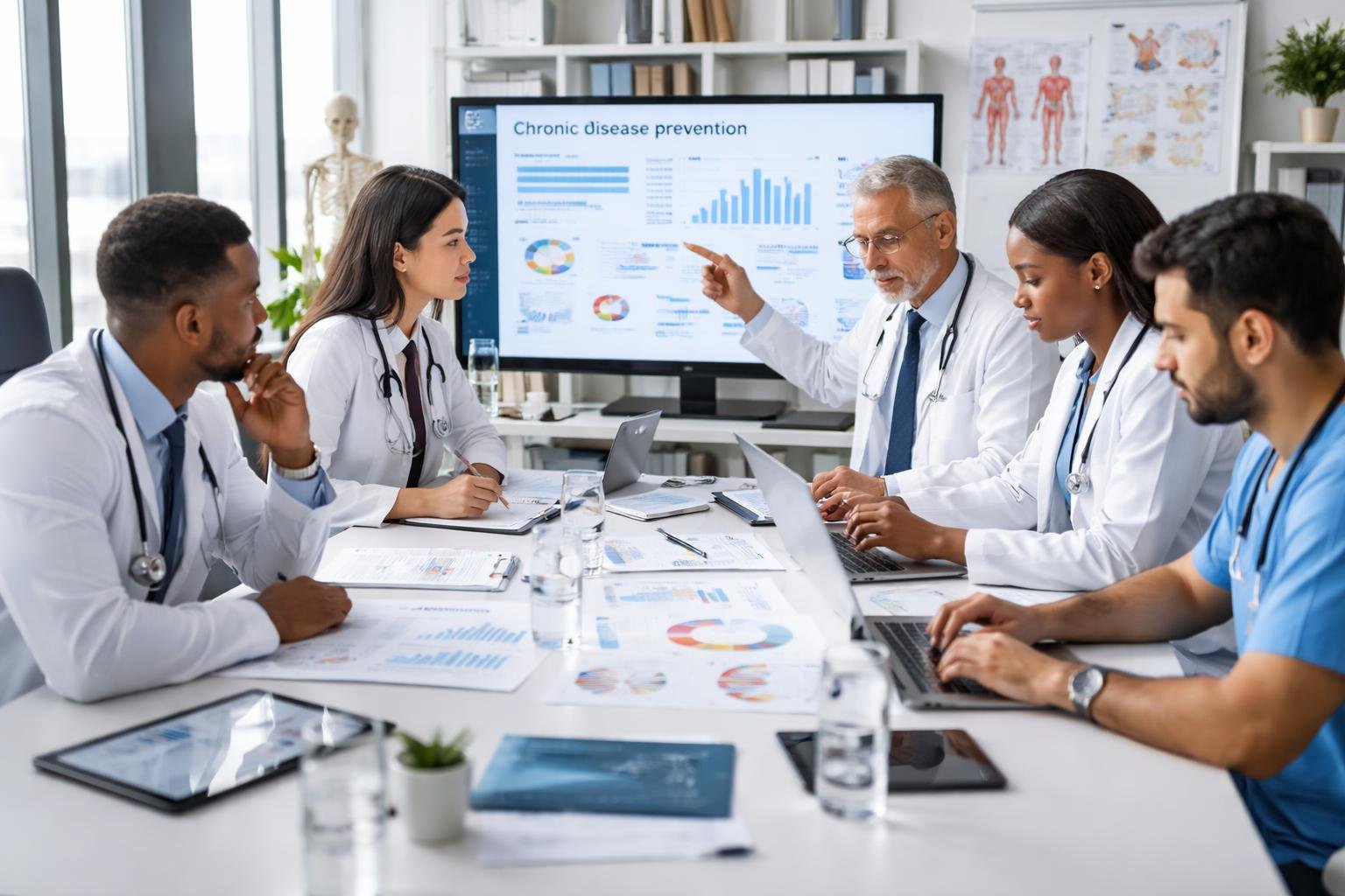 A group of healthcare professionals discussing medical data in a conference room with charts and documents.