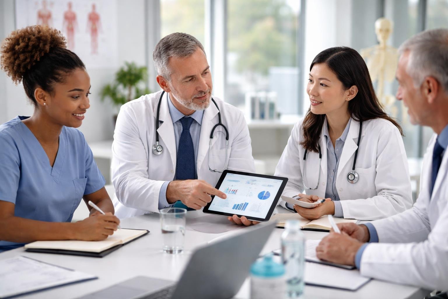 A group of healthcare professionals discussing health data around a conference table in a medical office.