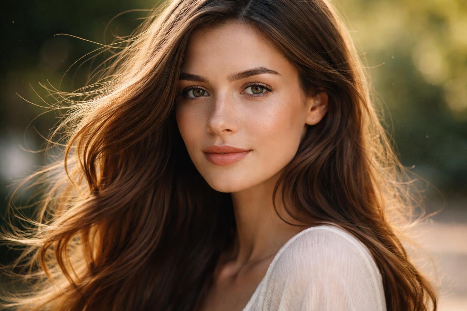 Close-up of a young woman with healthy, shiny hair gently blowing, showing detailed texture and natural appearance.
