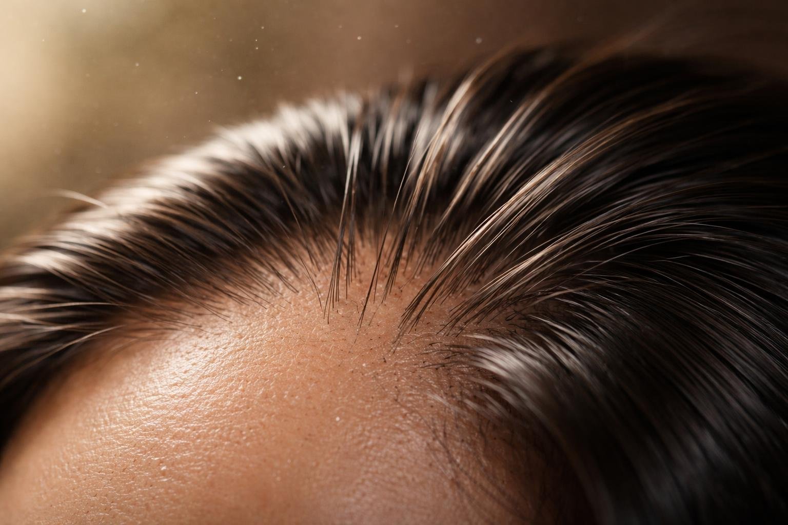 Close-up of a healthy scalp with thick, shiny hair strands growing from it.