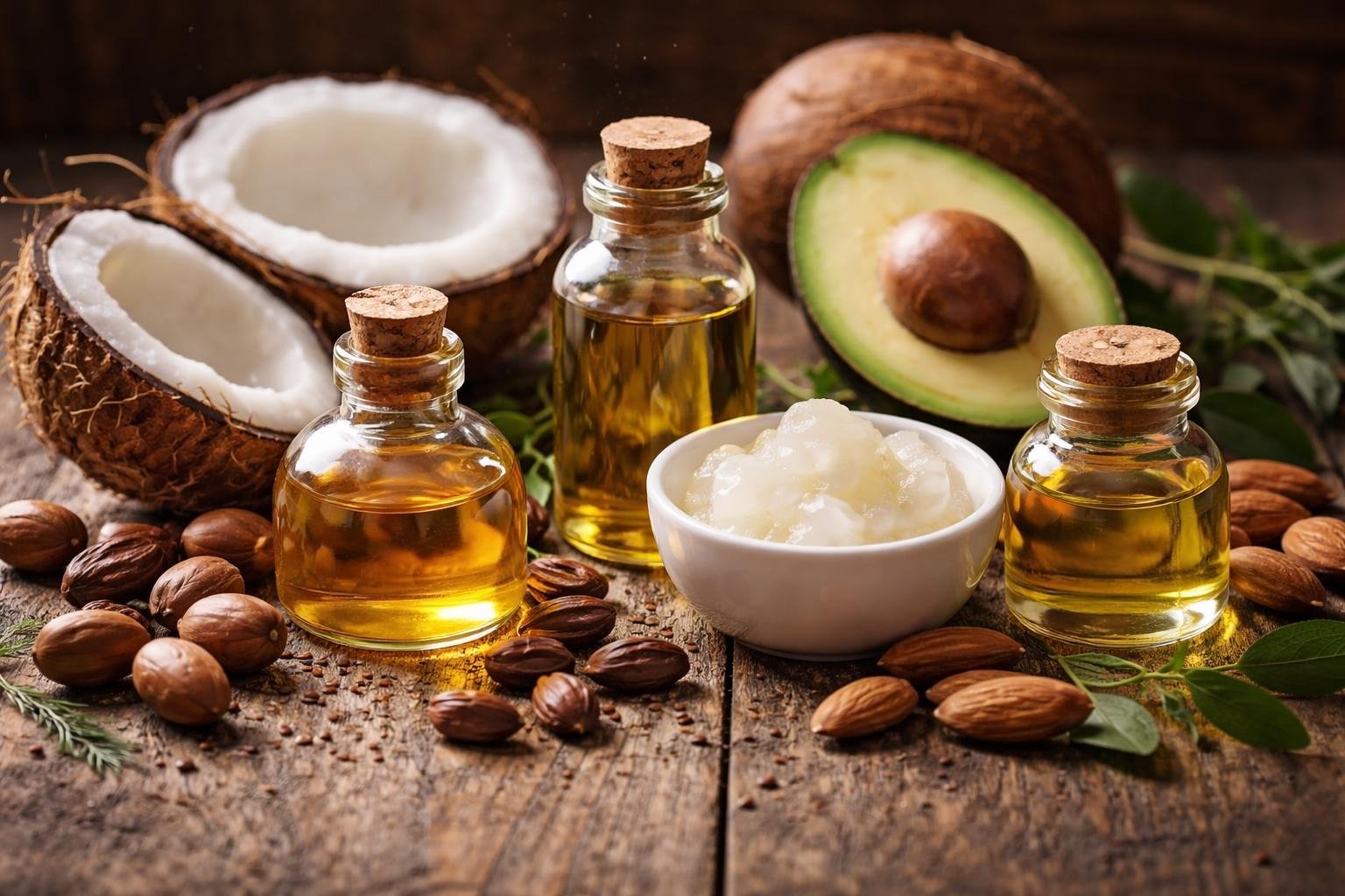 Close-up view of five different natural oils for hair care in glass bottles and bowls, surrounded by their raw ingredients like nuts, seeds, coconut, avocado, and almonds on a wooden surface.