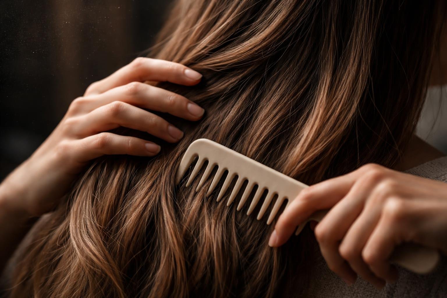 Close-up of a person gently detangling long hair with their fingers and a wide-tooth comb.