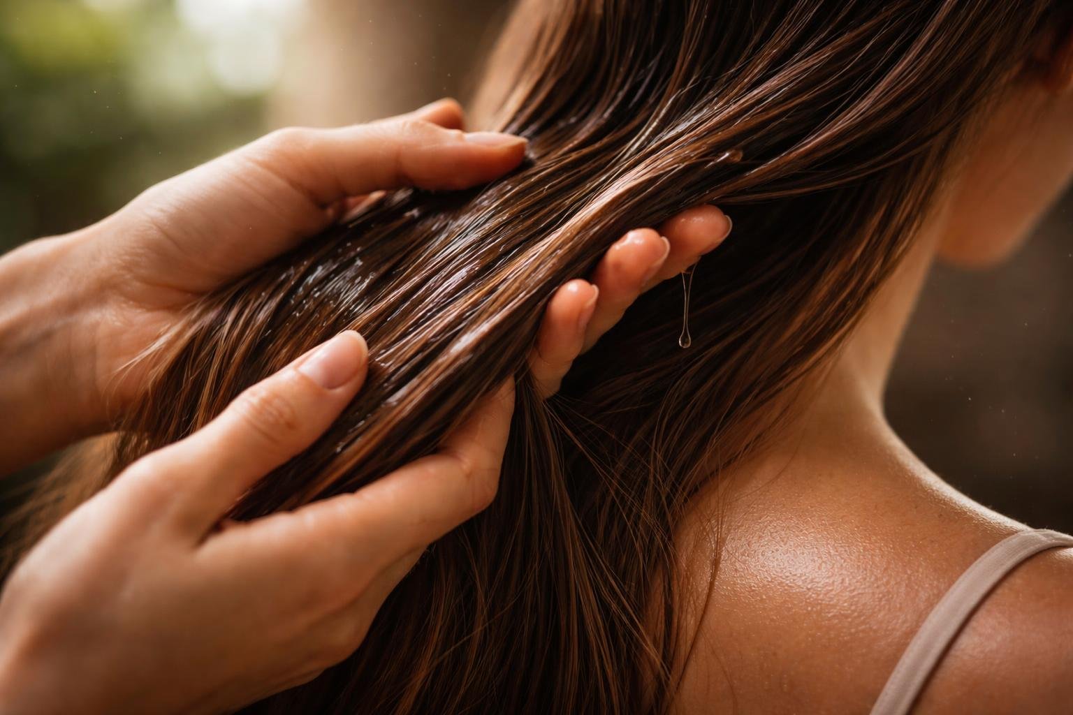 Close-up of hands gently applying nourishing oil to long, healthy hair.