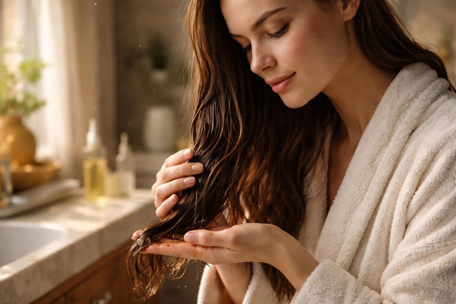 A woman applying hair serum to her hair in a softly lit bathroom, focusing on her hands and shiny hair.