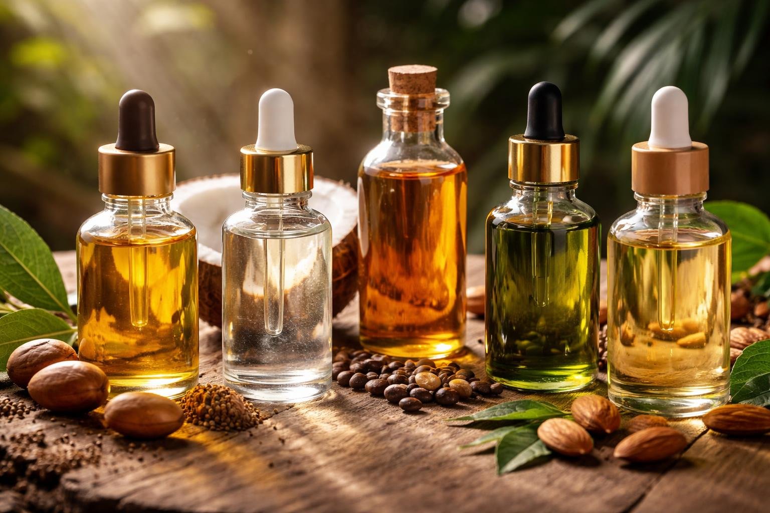 Close-up of five glass bottles containing different natural hair oils on a wooden surface surrounded by leaves and seeds.