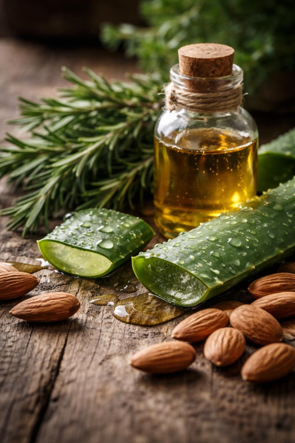 Close-up of natural ingredients for hair loss remedies including rosemary, aloe vera, castor oil, and almonds arranged on a wooden surface.