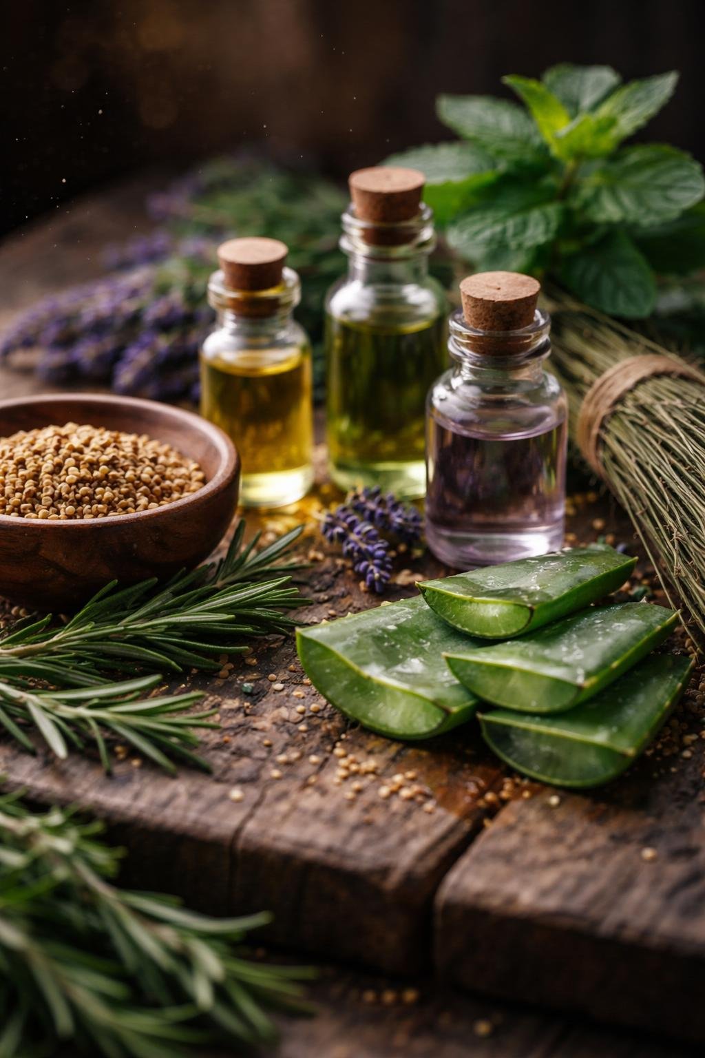 Close-up of various natural ingredients like rosemary, aloe vera, essential oils, and herbs arranged on a wooden surface for hair loss remedies.