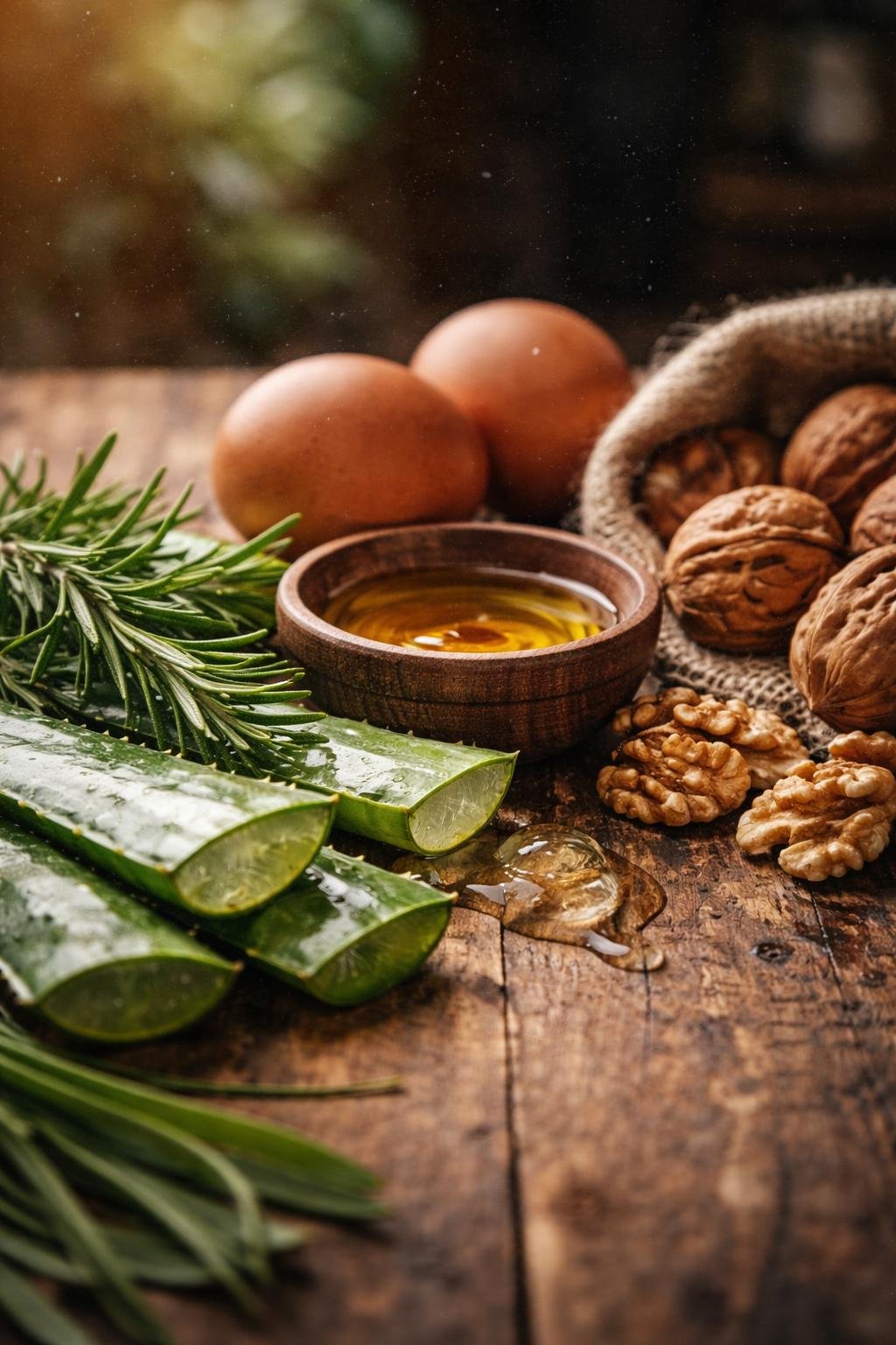 Close-up of natural ingredients for hair loss remedies arranged on a wooden surface, including rosemary, aloe vera, castor oil, eggs, and walnuts.