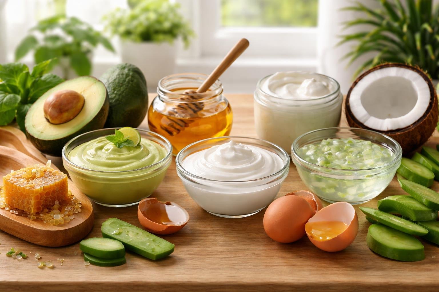 A table with various homemade hair mask ingredients and mixtures arranged alongside fresh natural ingredients in a bright kitchen setting.
