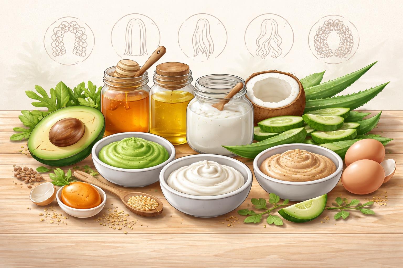Various natural ingredients and hair care items arranged on a table, representing different options for homemade hair masks tailored to different hair types.