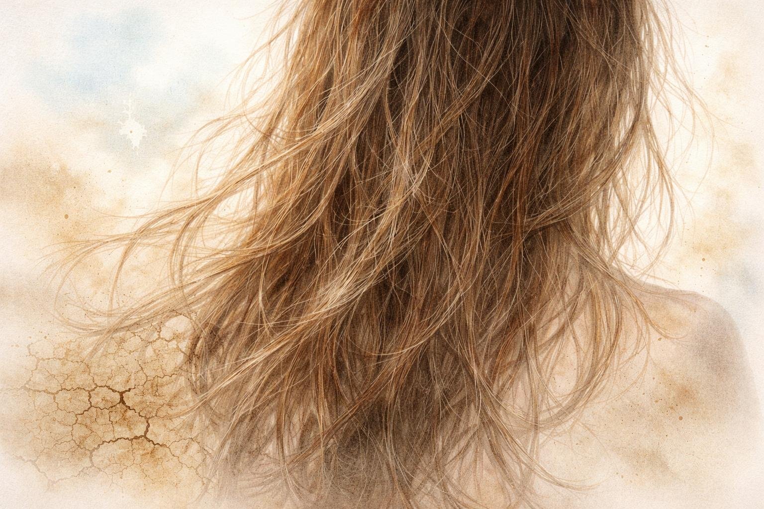 Close-up of a woman's dry, brittle hair with rough, frizzy strands and split ends, surrounded by subtle cracked earth textures and soft colors.