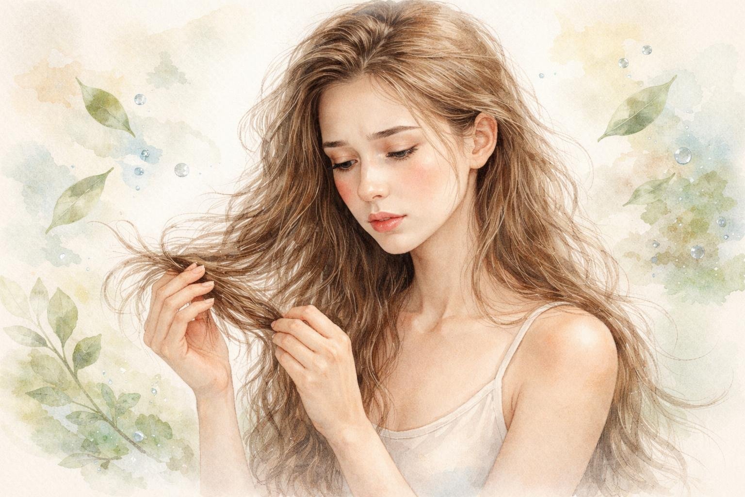 A woman looking closely at her dry, damaged hair with a worried expression, surrounded by soft natural elements.