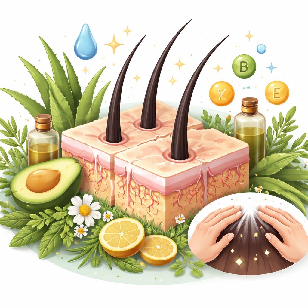 A cross-section of a scalp showing healthy hair follicles surrounded by natural plants and symbols of nourishment like water droplets and hands gently massaging.