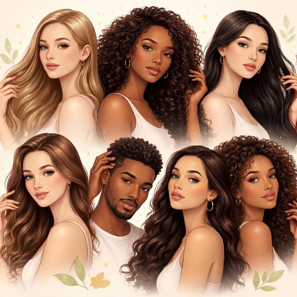 A group of people with different hair types and textures shown thoughtfully, highlighting the unique qualities of their hair.