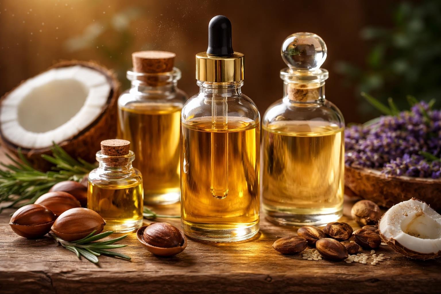 Close-up of glass bottles filled with natural hair oils surrounded by fresh botanical ingredients on a wooden surface.