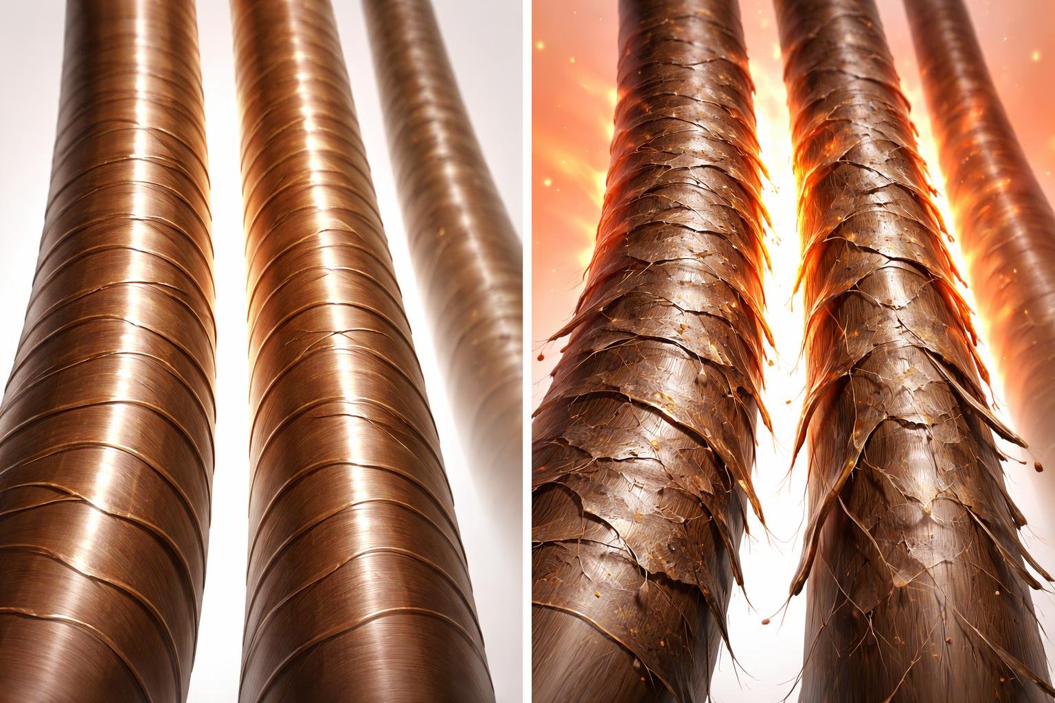 Close-up illustration of hair strands showing healthy smooth hair on one side and damaged broken hair on the other side caused by heat styling.