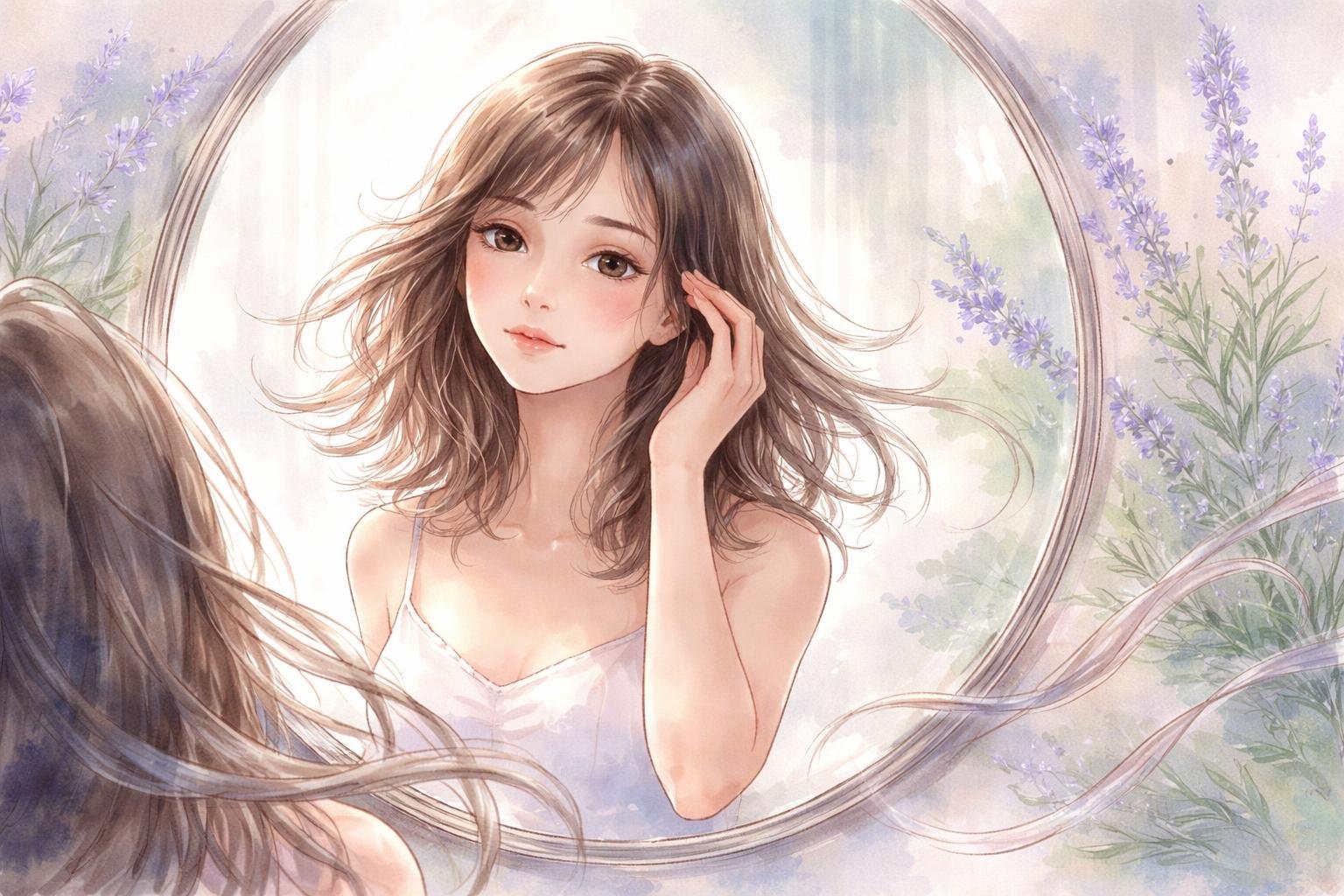 A young woman with shoulder-length hair looks thoughtfully into a mirror surrounded by floating strands of hair and soft botanical elements.