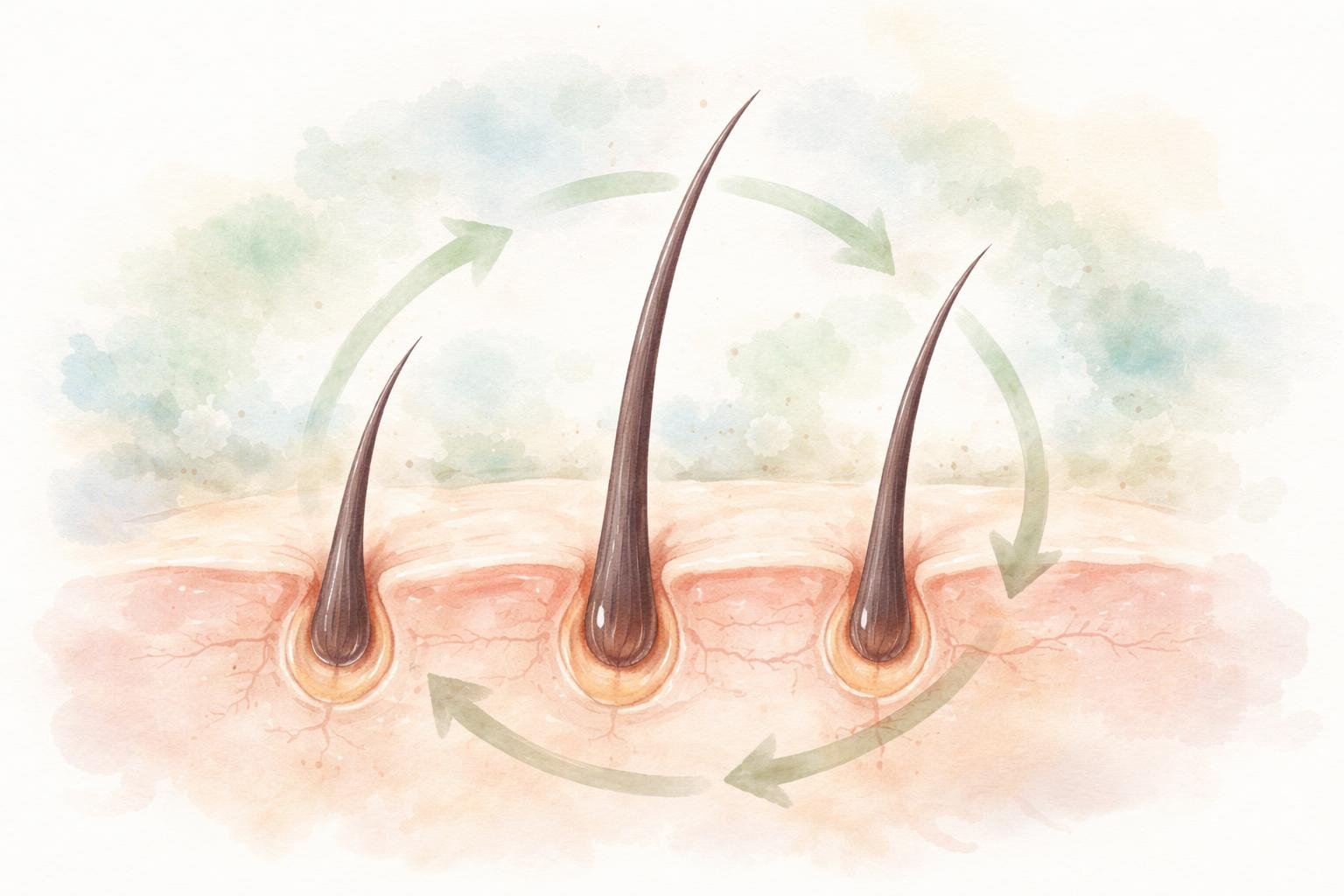 Close-up view of a hair strand growing from the scalp, showing different stages of the hair growth cycle.