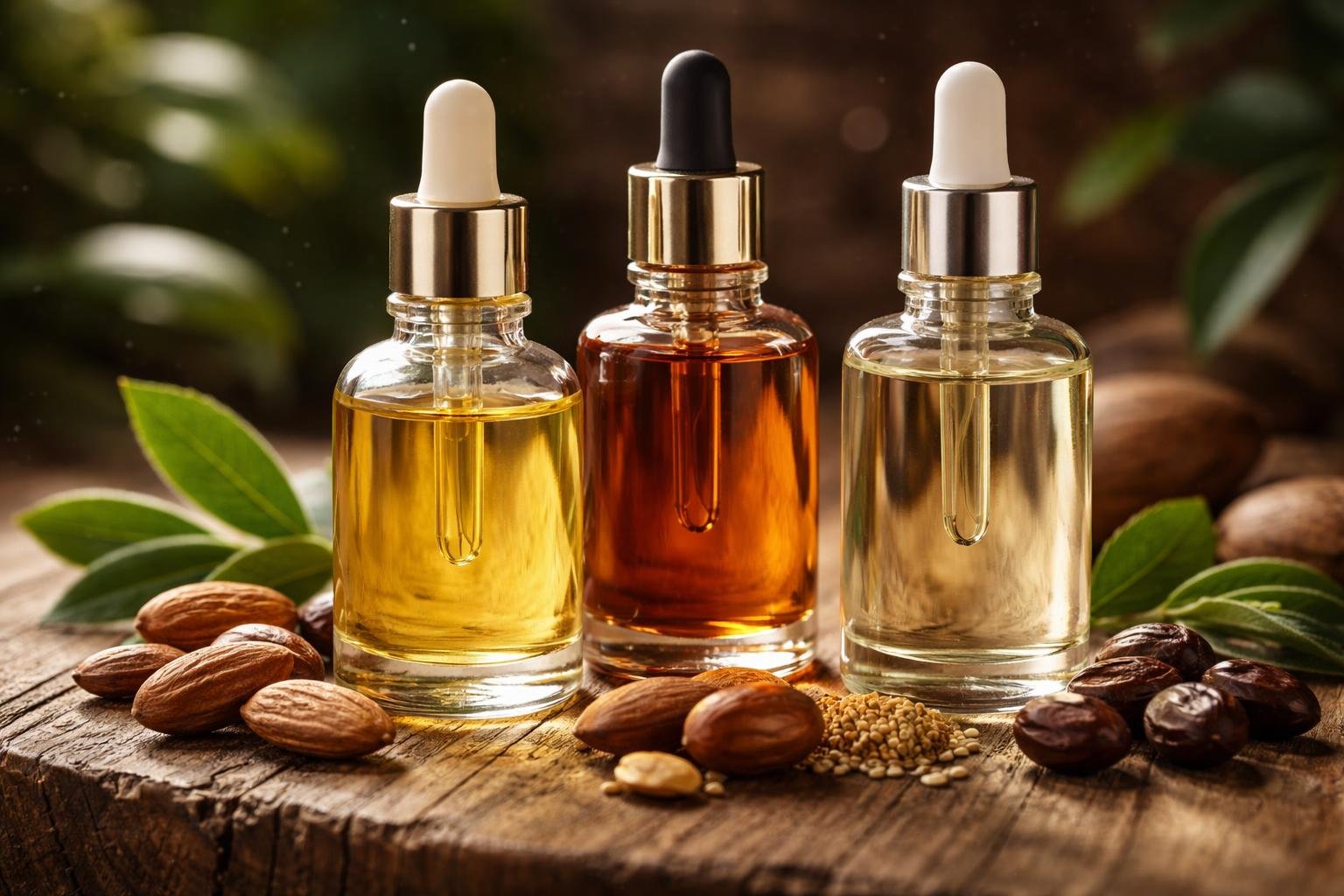 Close-up of various hair oil bottles and natural ingredients arranged on a wooden surface.
