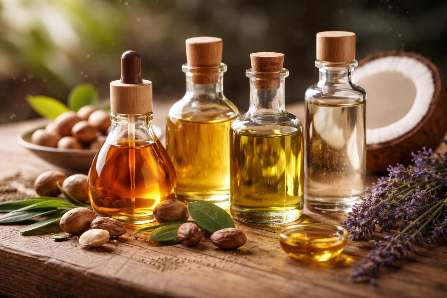 Close-up of several glass bottles of different hair oils with natural plants and nuts on a wooden surface.