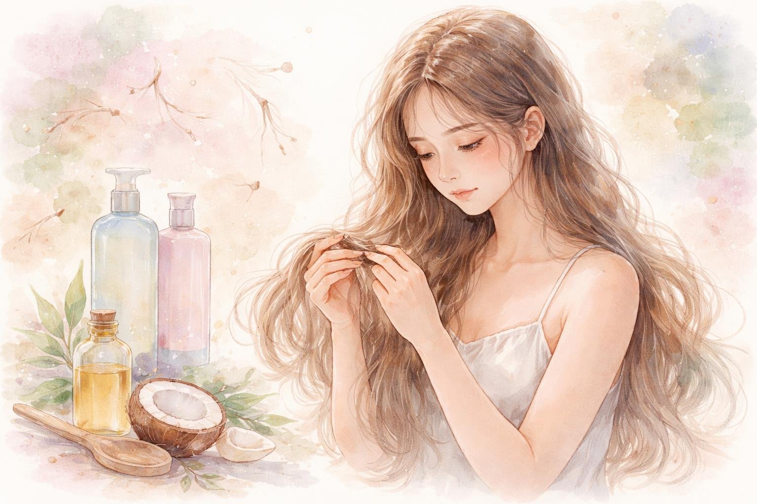 A woman with long hair examines her hair strands surrounded by symbols of hair care and damage in a soft, calming scene.
