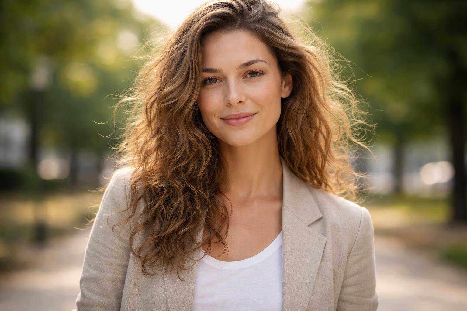 A smiling young woman with natural, slightly tousled hair standing outdoors in a park with trees and sunlight.