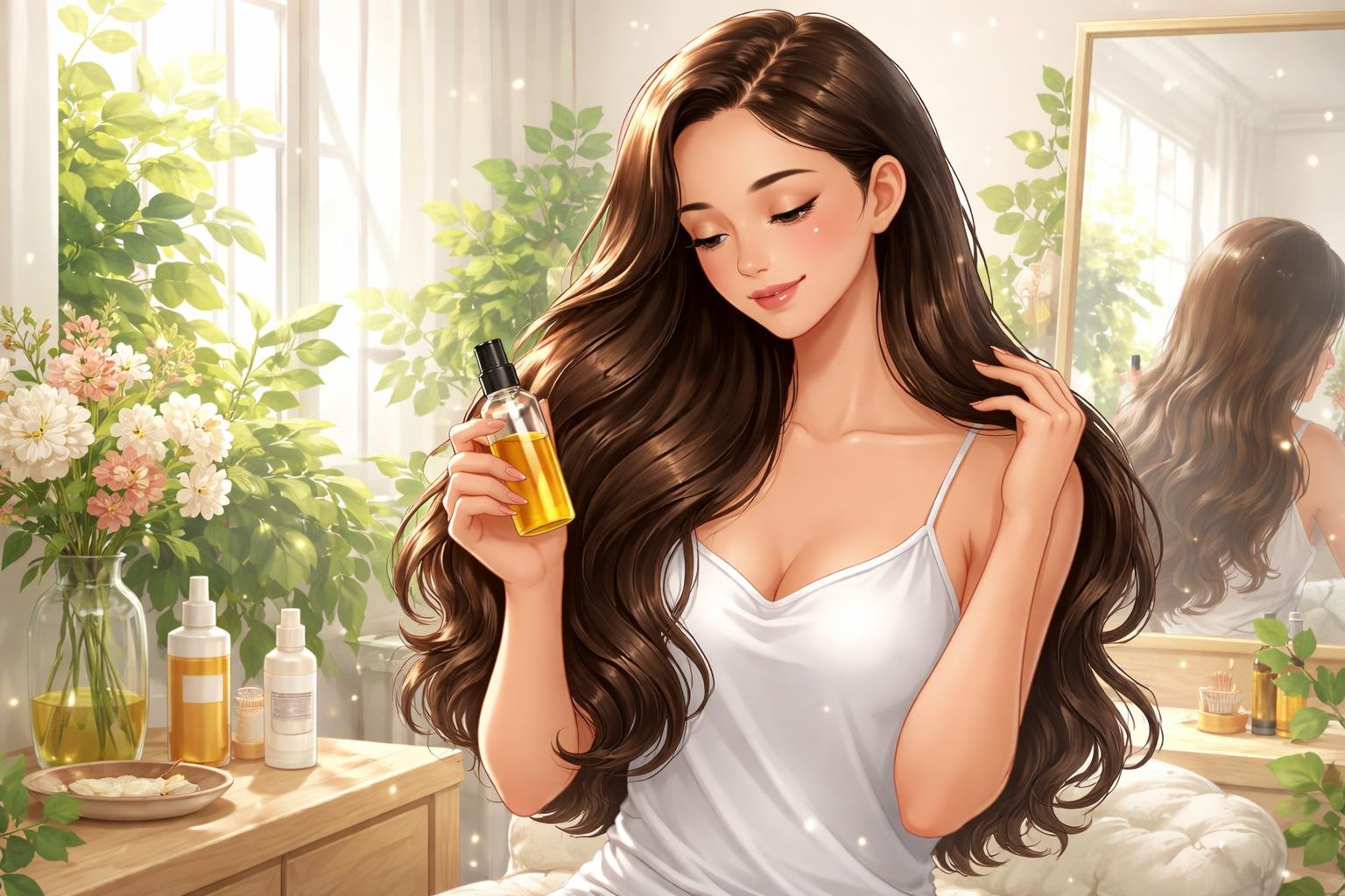 A woman gently touching her healthy hair while holding a bottle of hair care product in a bright room with plants and natural light.
