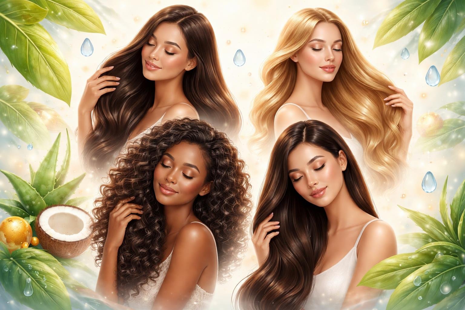 A group of women with healthy, shiny hair gently caring for their hair surrounded by natural elements like water droplets and green leaves.