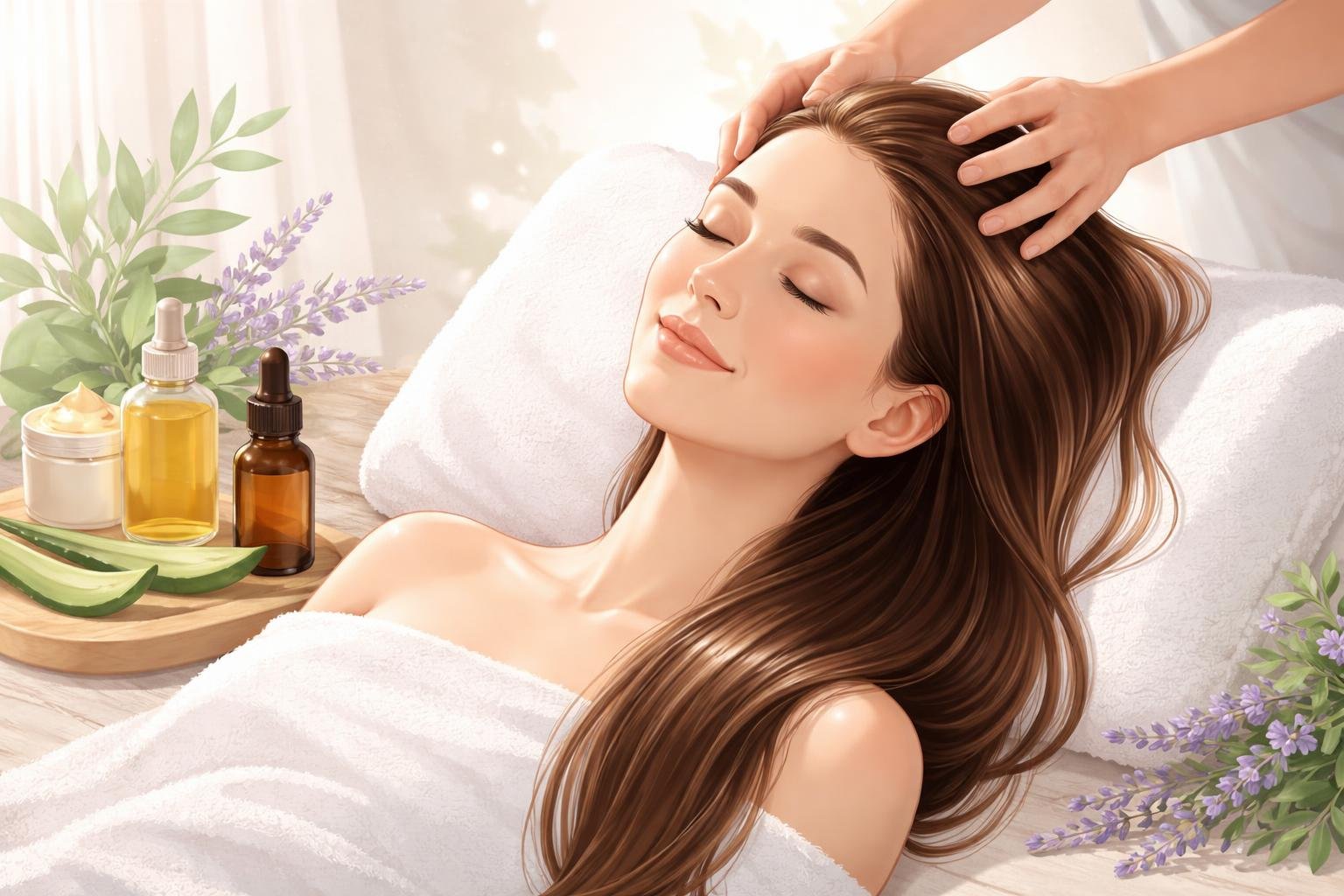 A woman receiving a gentle scalp massage in a calm spa setting with natural ingredients nearby.