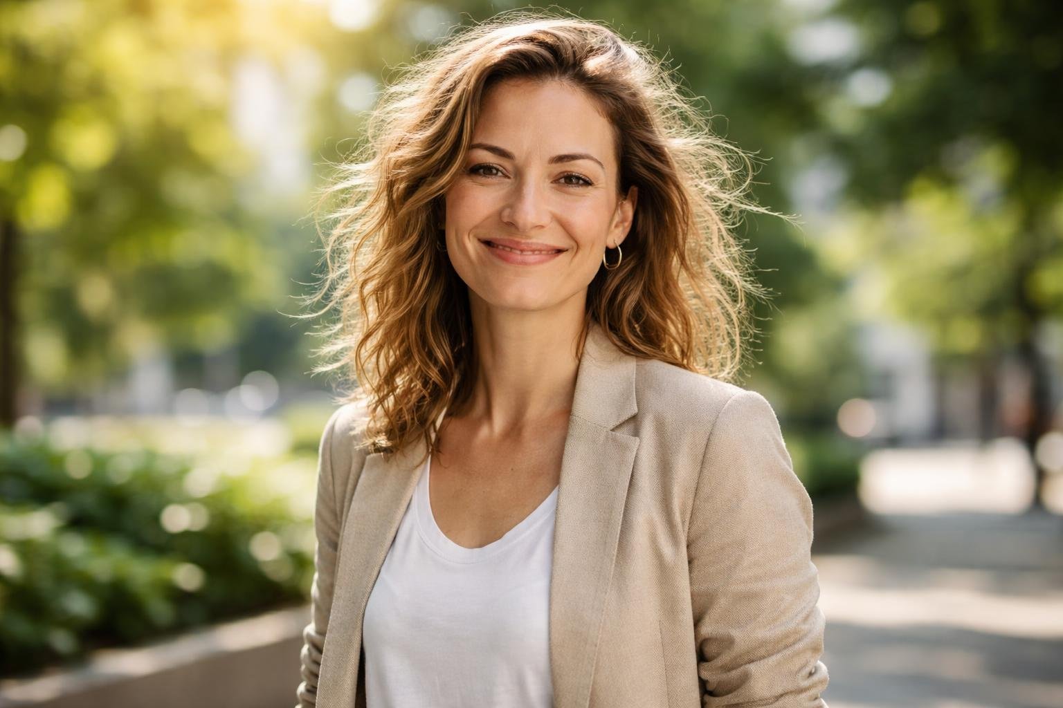 A confident woman smiling outdoors with natural, slightly tousled hair in a park setting.