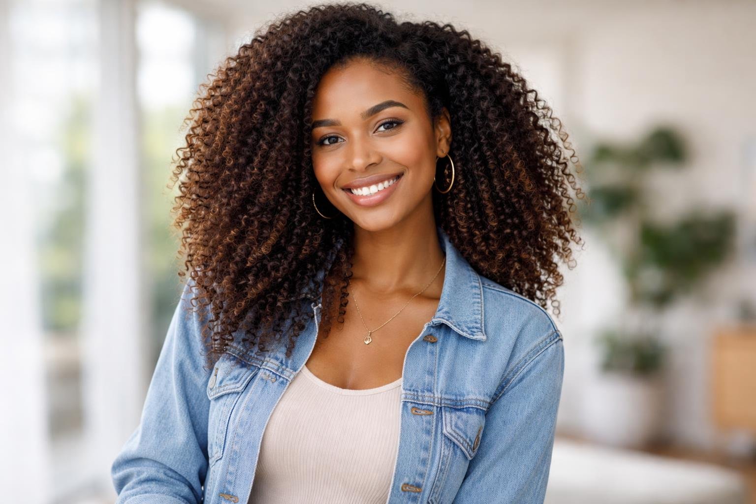A confident young woman with naturally textured hair smiling in a bright, modern indoor space.