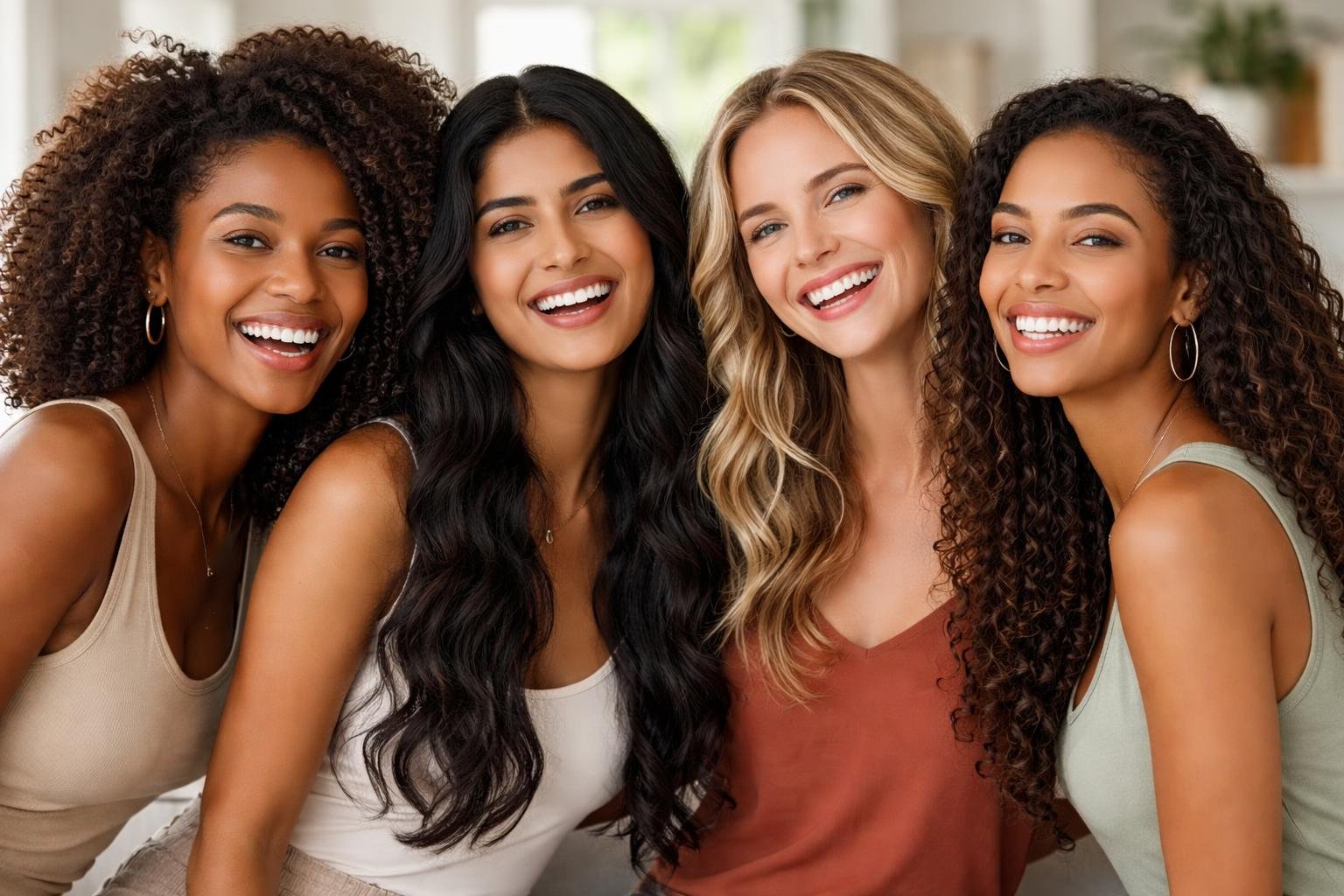 A group of diverse women smiling and embracing their natural hair in a bright indoor setting.