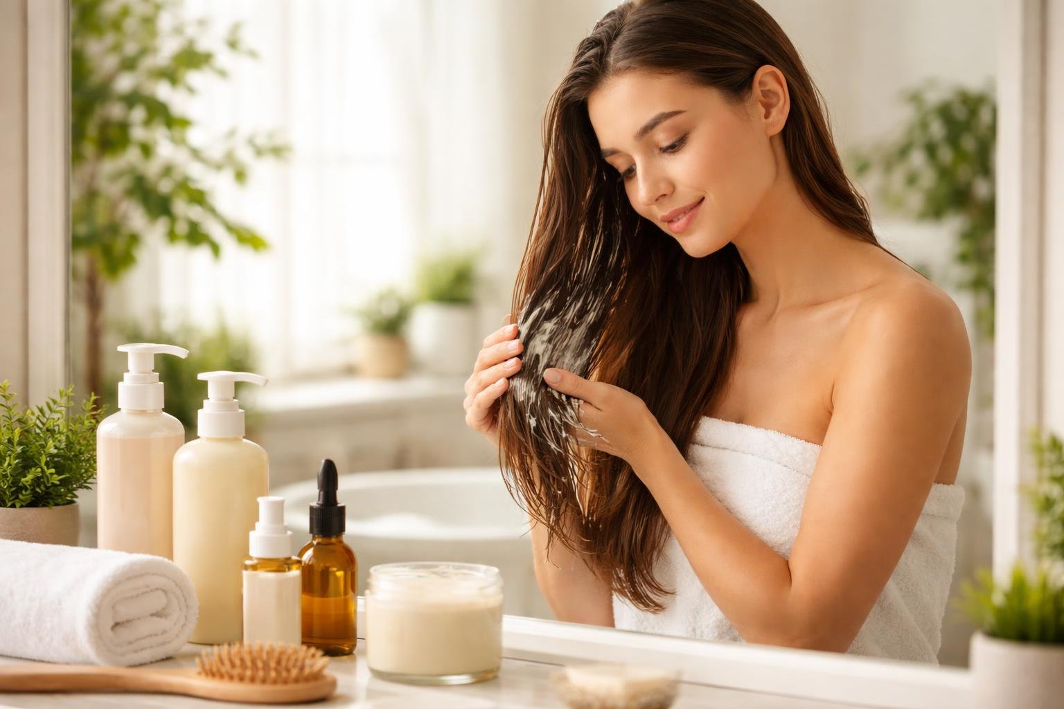 A young woman applying hair conditioner in a bright bathroom with natural hair care products and plants nearby.
