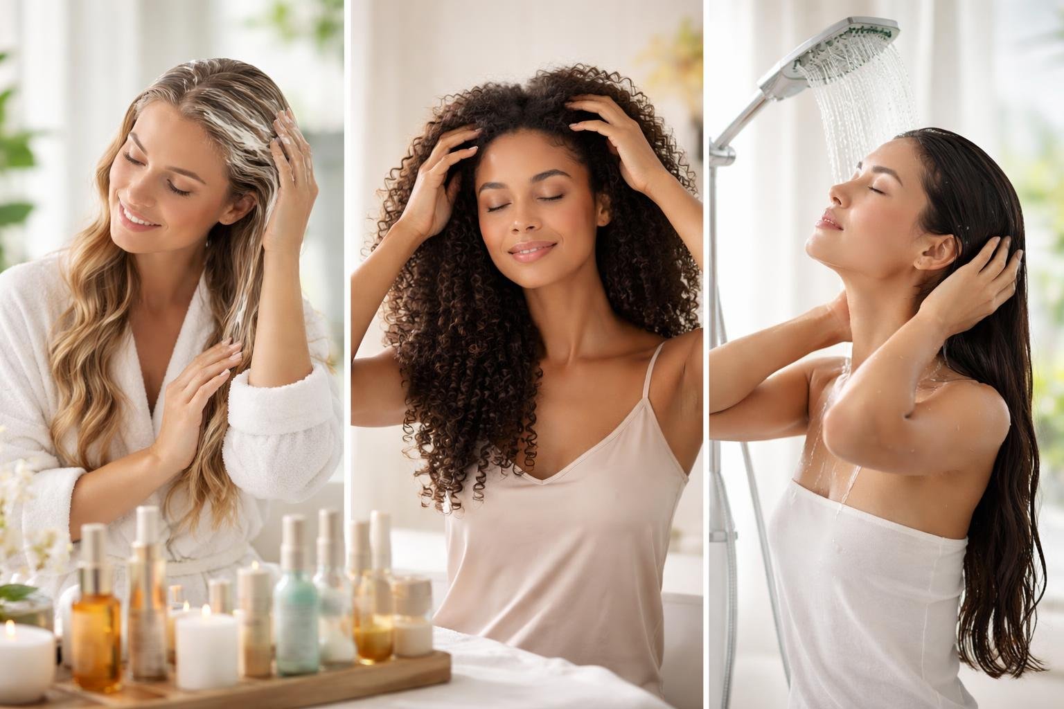 Women caring for their hair with nourishing treatments in a bright, clean bathroom or salon setting.