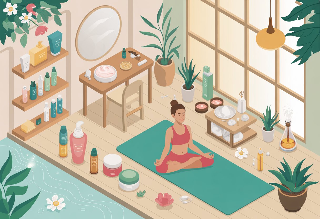 An isometric scene showing a spa with skincare products, plants, a person meditating on a yoga mat, and wellness items in a bright, peaceful room.