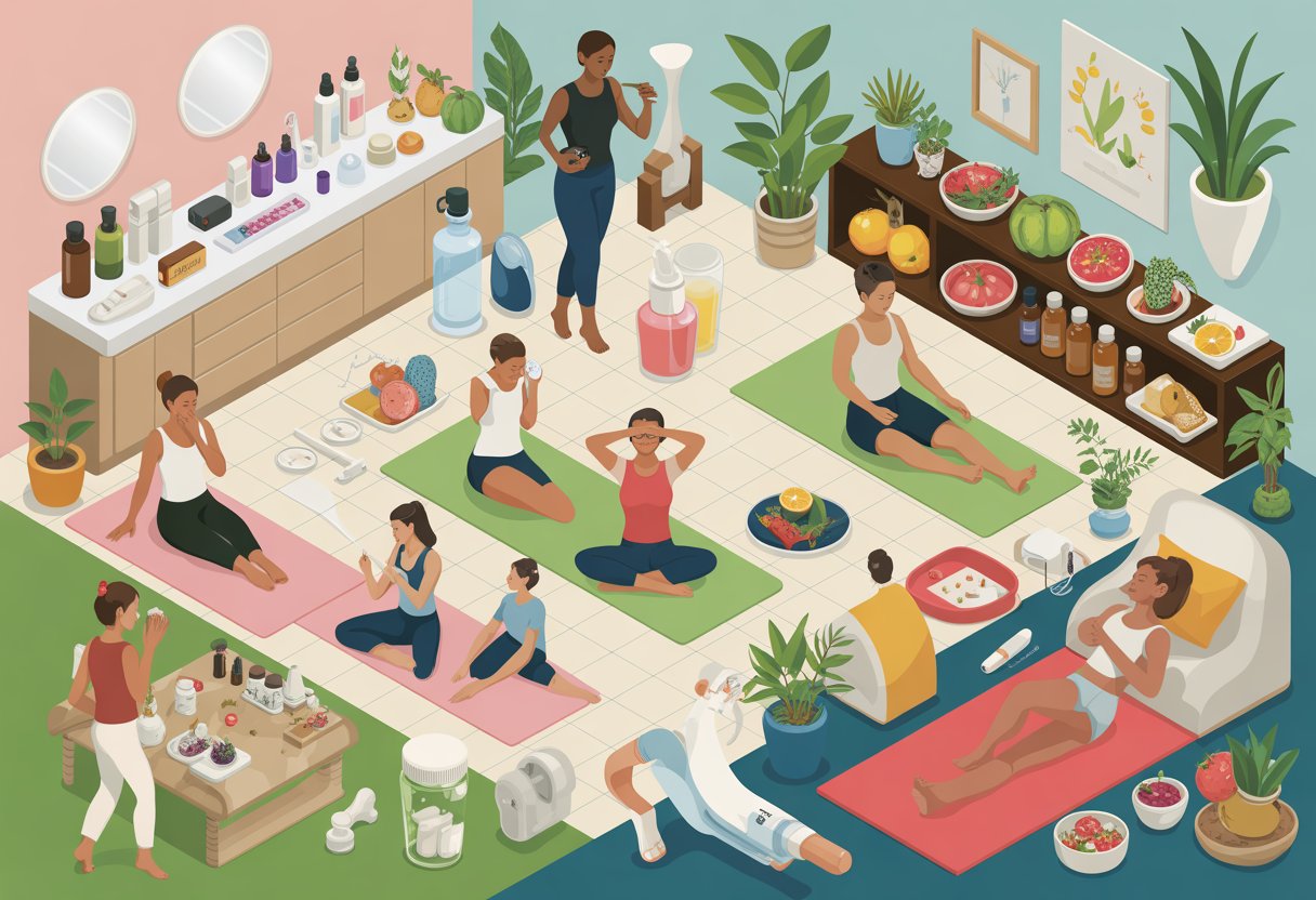 A detailed isometric scene showing people engaging in skincare, meditation, yoga, and enjoying healthy food in a harmonious spa-like environment.