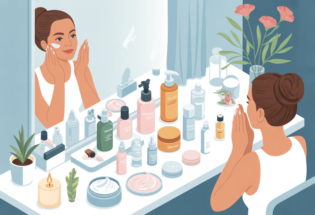 A person applying facial cream at a vanity table surrounded by skincare products, plants, and wellness items in a bright, calming room.