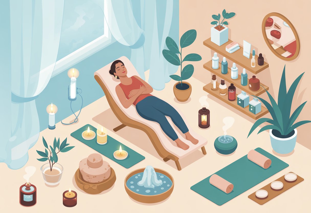 A peaceful spa room with a person relaxing in a lounge chair surrounded by candles, plants, skincare products, a water fountain, and yoga accessories.