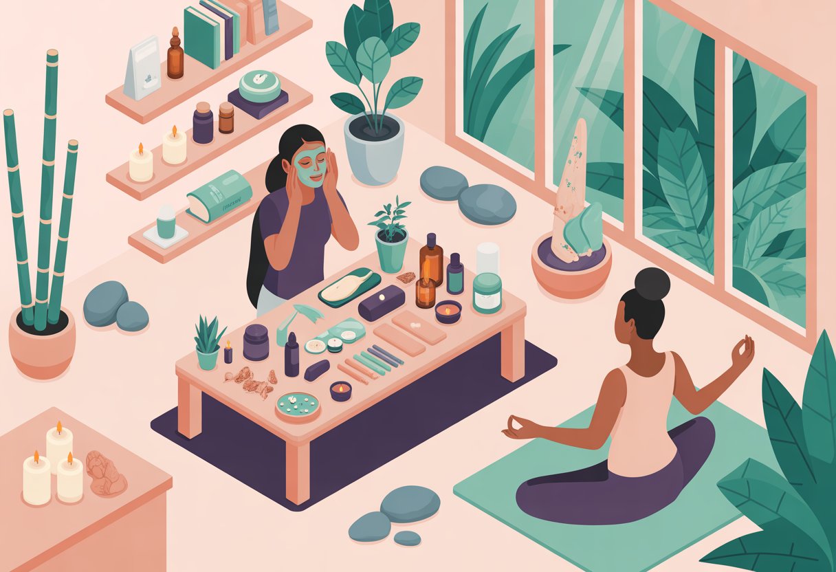 A peaceful wellness room with plants, beauty products, and people practicing self-care and meditation.