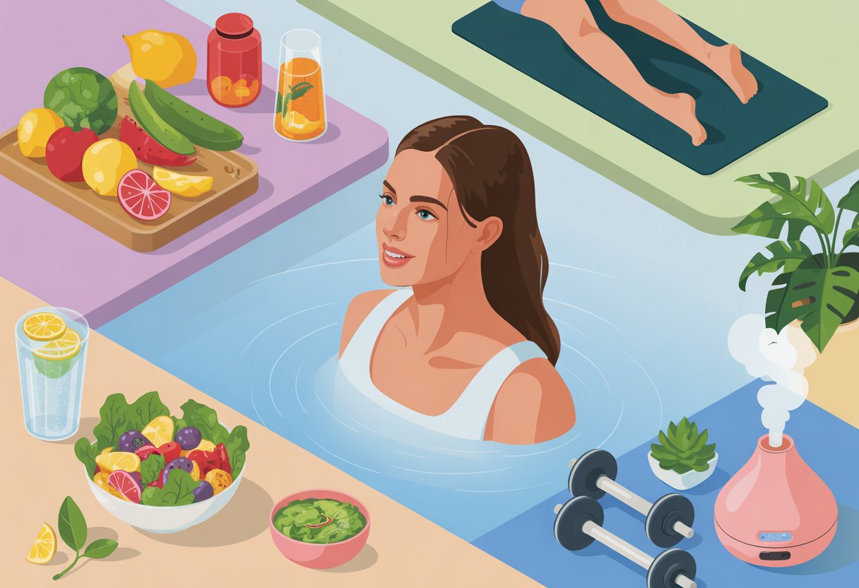 A vibrant scene showing a woman surrounded by healthy foods, exercise equipment, and relaxing elements that represent nutrition and lifestyle's effect on beauty.