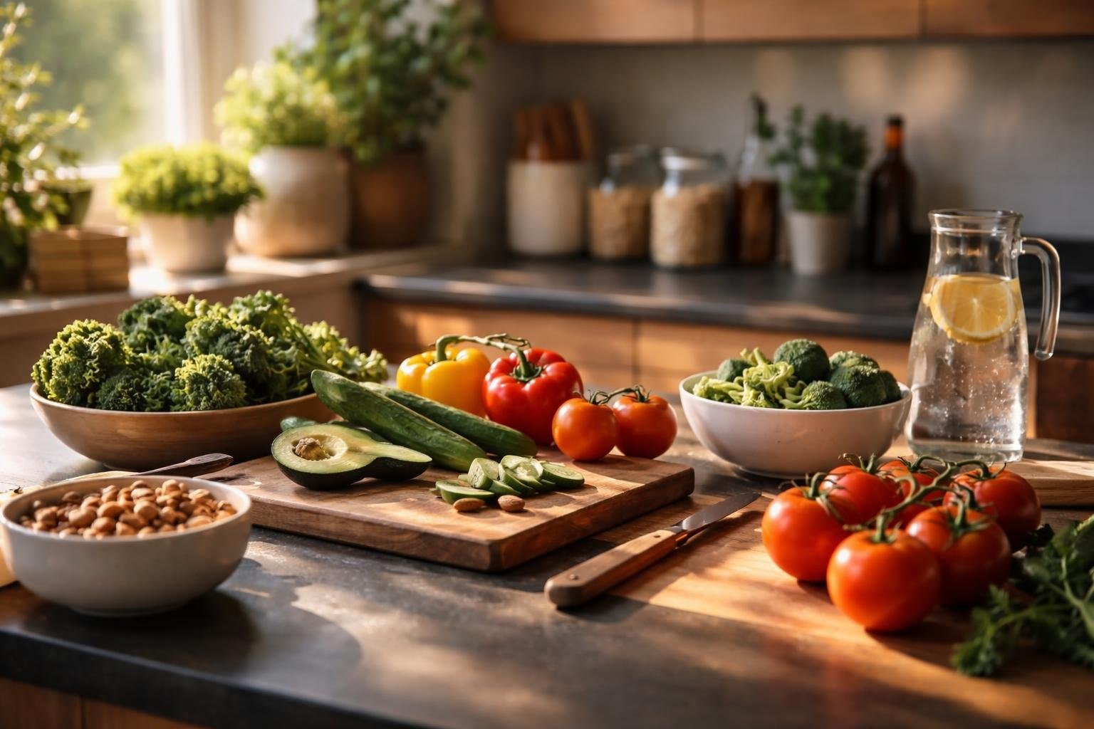 A bright, clean kitchen countertop with fresh vegetables, wooden cabinets, glass jars, and kitchenware illuminated by sunlight through a window.