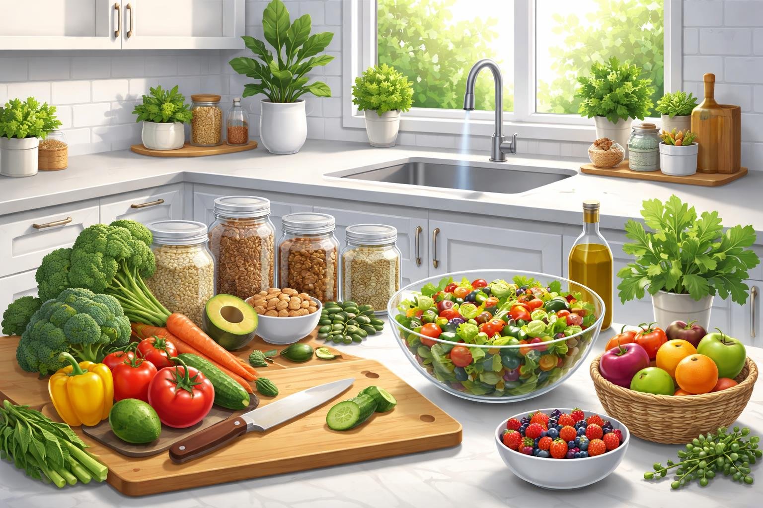 A clean kitchen countertop with fresh vegetables, fruits, grains, and a bowl of salad being prepared under natural light.