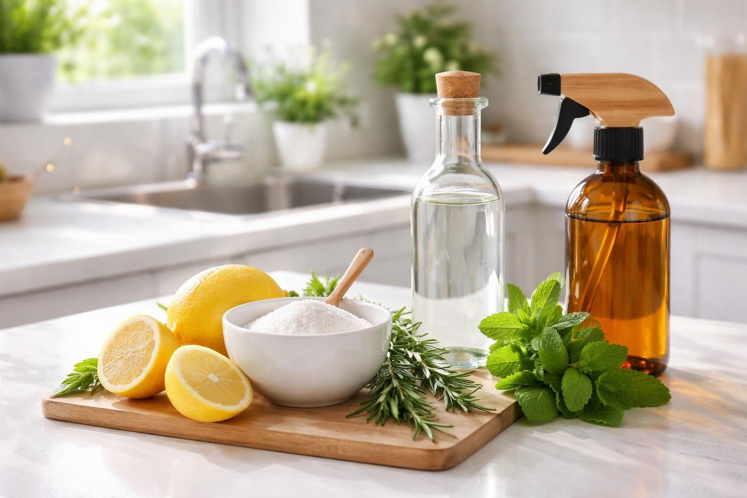 A clean kitchen countertop with natural cleaning ingredients like lemons, vinegar, baking soda, and fresh herbs arranged near a modern kitchen sink.