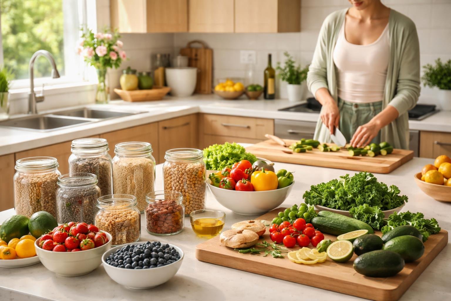A bright kitchen with fresh fruits, vegetables, and healthy ingredients neatly organized on the countertops, with a person preparing food in the background.