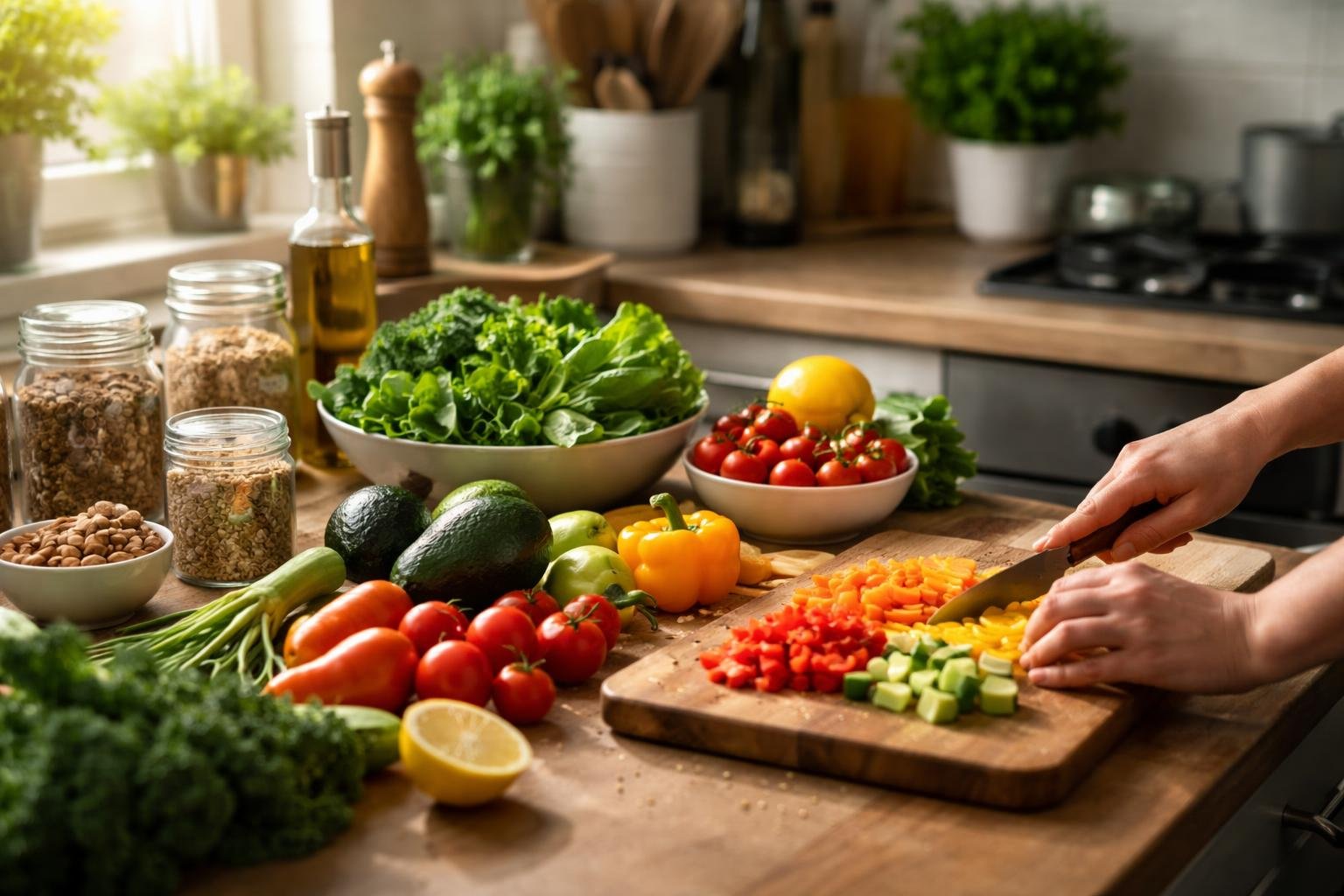 A modern kitchen countertop with fresh vegetables being chopped on a wooden cutting board, surrounded by jars of whole grains and potted herbs.