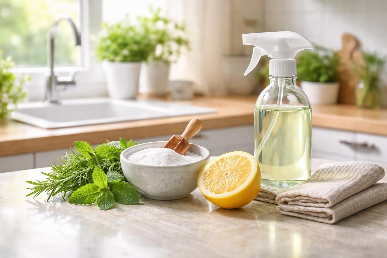 A clean kitchen countertop with natural cleaning ingredients including a spray bottle, lemon, baking soda, herbs, and a cloth, with a sink and plants in the background.