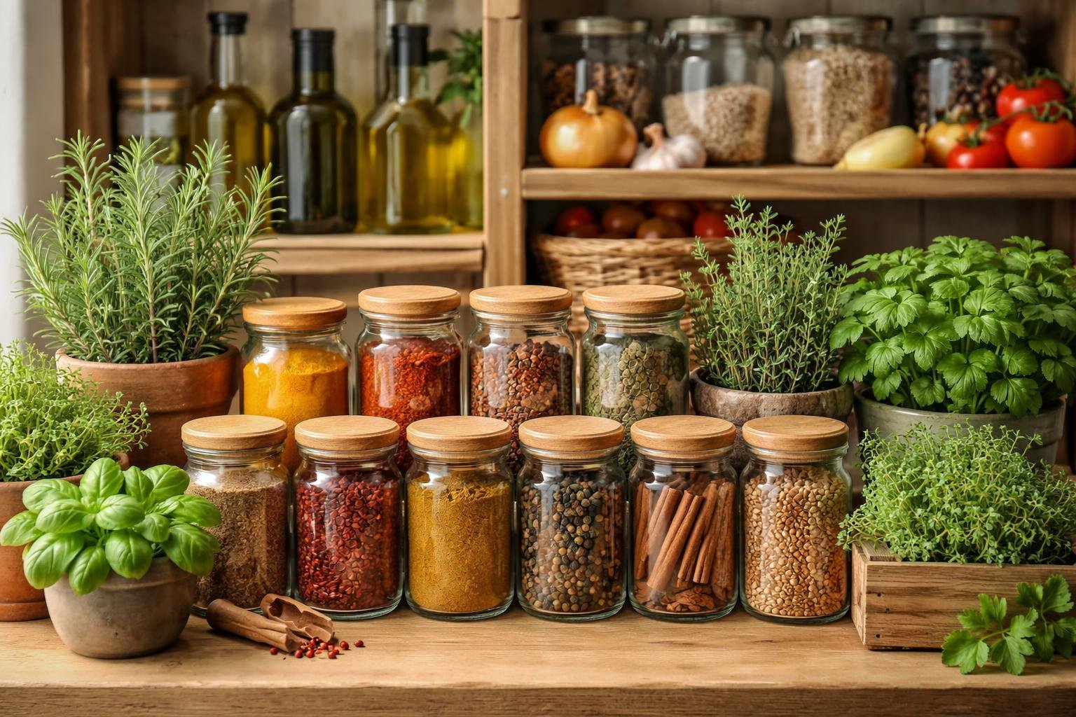 A kitchen pantry shelf with jars of spices and pots of fresh herbs neatly arranged alongside bottles and containers of healthy cooking ingredients.