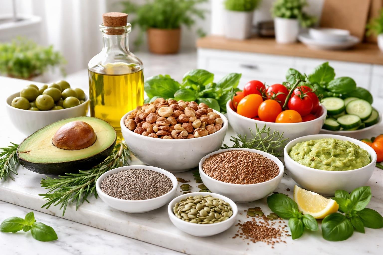 A kitchen countertop displaying healthy fats, nuts, fresh vegetables, herbs, and olive oil in a bright kitchen setting.